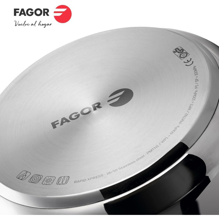 Каструля-скороварка Fagor Rapid Xpress 6 л, індукція, нержавіюча сталь 18/10, для всіх типів плит, з термодифузором, 2 режими тиску, 5 систем безпеки