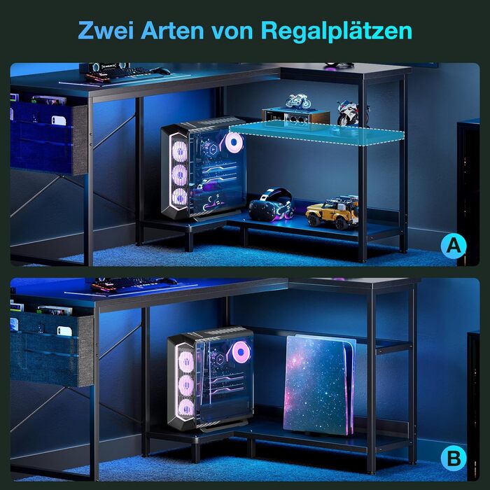 Ігровий стіл L-подібний Coleshome з LED-підсвічуванням та розетками, 120x80 см, з полицею, чорний, для офісу/робочого кабінету