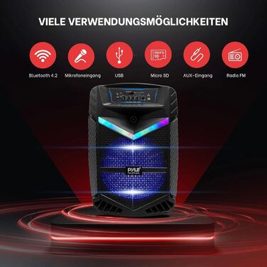 Pyle PA Bluetooth Гучномовець – Караоке Машина з Мікрофоном, 400W, Музична Система, Partybox, Акумуляторний, 8” Сабвуфер, 1” Твітер, Функція Запису, Підсвічування, USB/SD-Радіо