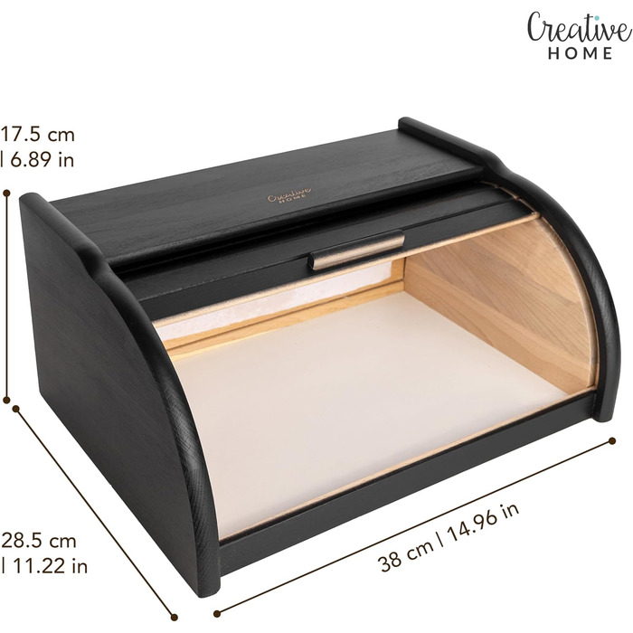 Дерев'яна хлібниця Creative Home | 38 x 28,5 x 17,5 см | Для хліба, булочок, тортів | З відкидним кришкою | Натуральна хлібниця для кухні (Чорний)