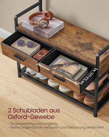VASAGLE Coat Rack with Shoe Bench, Coat Rack, Shoe Storage, 2 Fabric Drawers, 10 Hooks, 6 Side Hooks, 30 x 80.4 x 181.6 cm, Vintage Brown-Ink Black HSR429B01