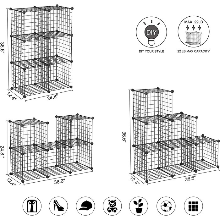 C&AHOME Wire Cube Storage, 6 - Metal Cube Organizer with C-Grid, Modular Shelving Units, Storage Container Shelves, Closet Organizer, 93.5 cm L x 31.8 cm W x 93.5 cm H, Black