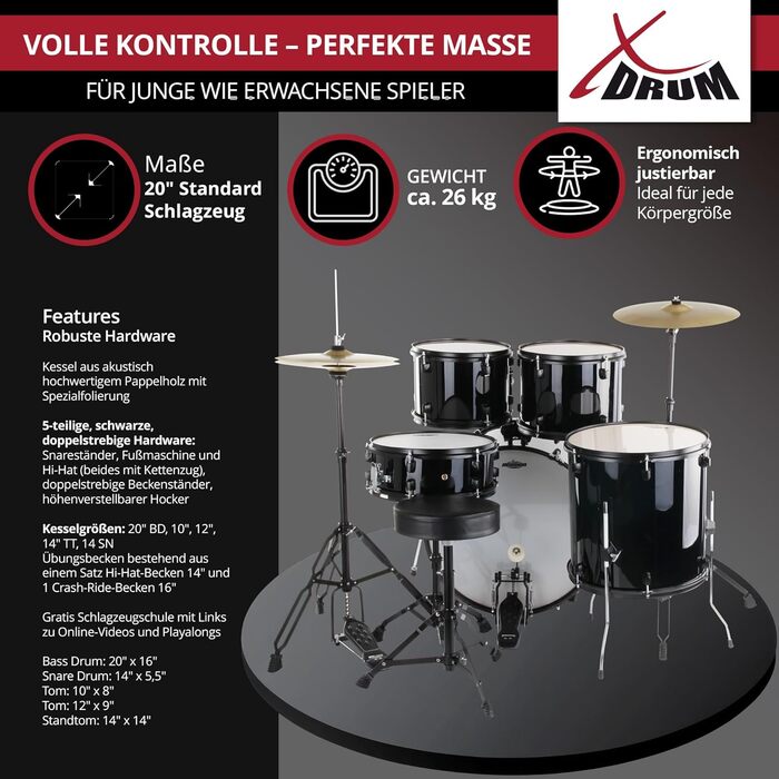 XDrum Rookie – барабанний комплект (барабани 20' BD, 10', 12', 14' TT, 14' SD, тарелки 14' Hi-Hat, 16' Crash-Ride, шкільний курс та комплект демпферів)