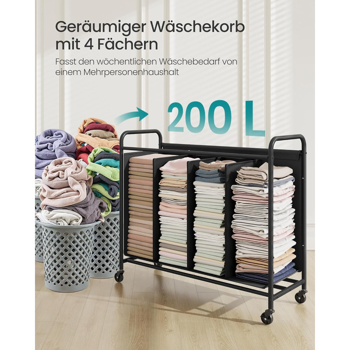 SONGMICS Laundry Basket with Wheels, Laundry Sorter with 4 Compartments, 200 L Laundry Sorter, Mobile Laundry Cart, 5 Labels, for Laundry Room, Bedroom, Bathroom, Ink Black RLS460B01