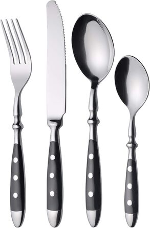 GRÄWE Stainless Steel Cutlery Set for 6 People, Heavy, Rustic, Flatware Set 24-Piece, Forged Cutlery with Black Handles - Nuremberg Series