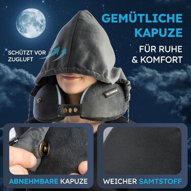 Подушка для шиї Comfy від HELDENWERK для подорожей: Memory Foam, 6-позиційна, для авто/літака, зручна, дихаюча, миюча (темно-сіра)