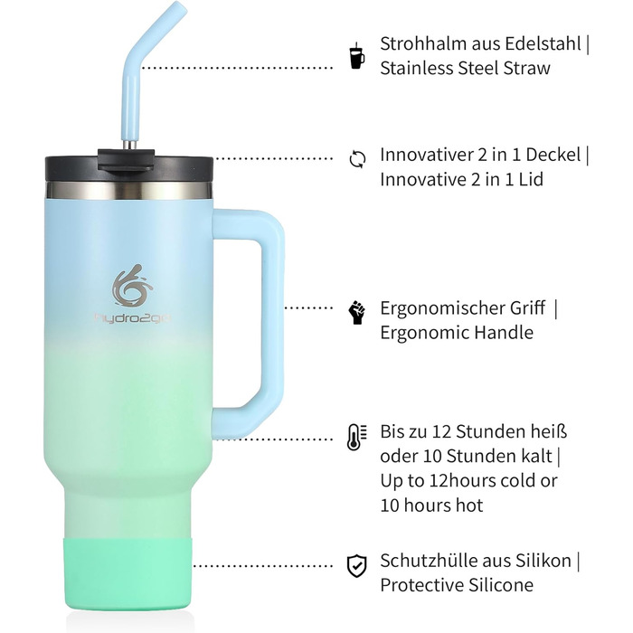 Термокухоль Hydro2Go з трубочкою – BPA-free, придатна для миття в посудомийній машині – 10 годин гарячого/12 годин холодного – 1200 мл, Lagoon