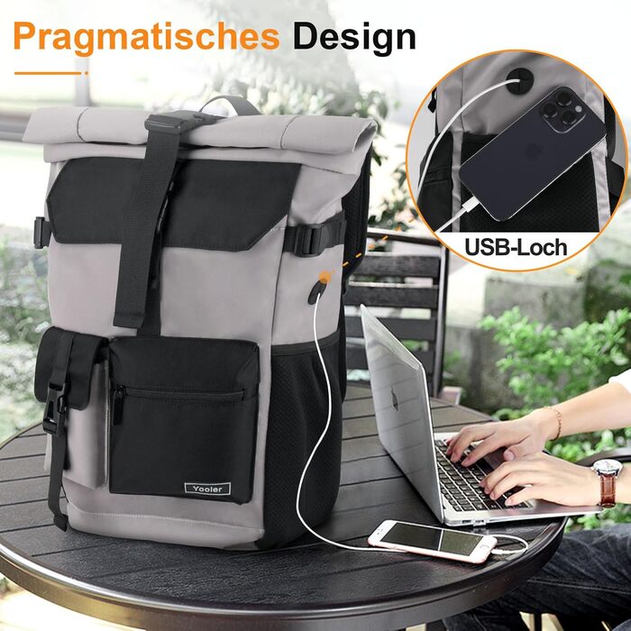 Roll-top Backpack Waterproof, 27L Large Backpack Men Women, School Backpack with 17.3 inch Laptop Compartment, Travel Backpack Hiking Backpack for Business Work University Travel Leisure (Gray)