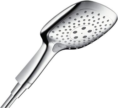 Hansgrohe Raindance Select E Showerhead, Hand Shower with 3 Spray Patterns, Square Showerhead (150 x 150 mm), Showerhead with Anti-Limescale Function, Chrome, 26550000