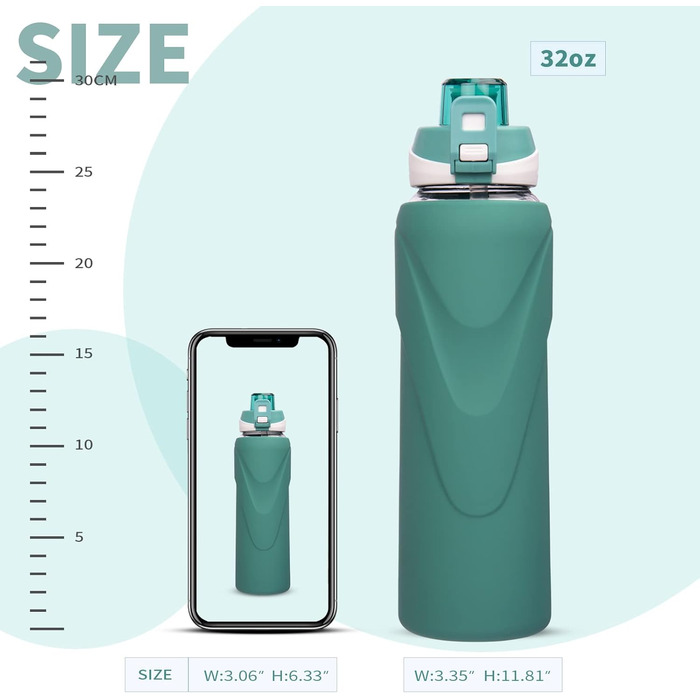 1 liter / 1l Drinking Bottle Glass with Straw BPA Free Glass Bottle with Silicone Sleeve Borosilicate Glass Water Bottle (Deep Green)