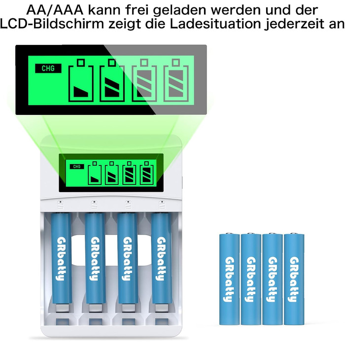 AAA акумулятори NiMH 1100mAh 1.2V з LCD-дисплеєм - 1200 циклів заряджання, комплект з зарядним пристроєм