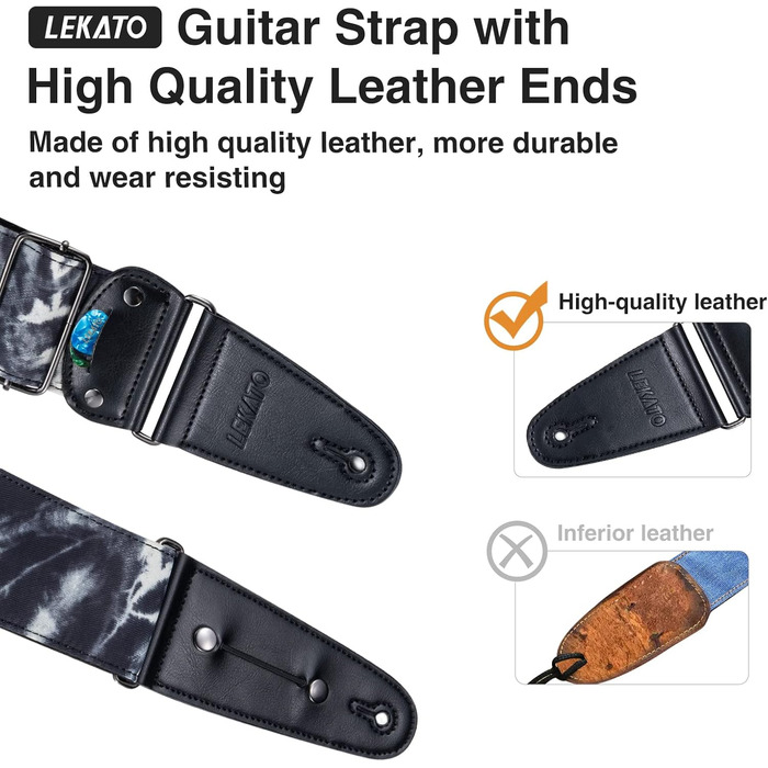 Гітарний ремінь LEKATO, смугастий, 6.7 см, з регулюванням, з шкіри, з кишенькою для медіатора та 6 медіаторів/фіксаторами ремінця - для бас-гітари, електро- та акустичної гітари (Колір: Nebel)