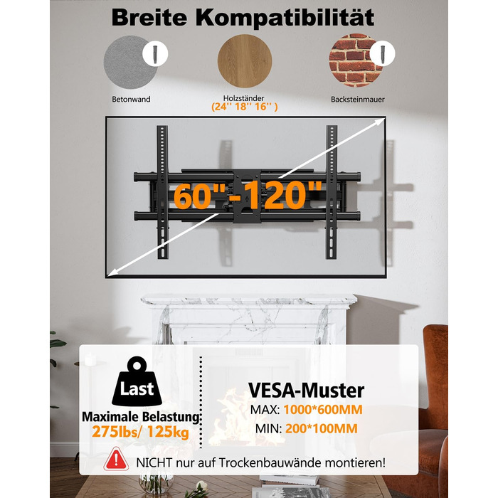 Настінне кріплення для телевізора Heavy Duty XXXL 60-120 дюймів, поворотне, з регулюванням нахилу, висувне, до 125 кг, VESA 200x100 - 1000x600 мм