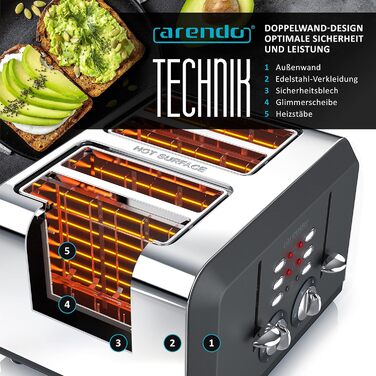 Arendo - Automatic 4-Slice Toaster in Stainless Steel, toasting up to four sandwiches and toast slices, browning level 1-6, warming and defrost function, crumb tray, 1630 W, GS certified A: Cool Grey
