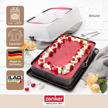 Zenker Rectangular Springform Pan with Lid DELUXE, Cake Transport Box with Enamel Base, Baking Sheet with Lid (Color: Black/Transparent/Red), Quantity: 1 Piece