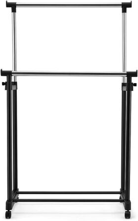 COSTWAY Clothes Rack with 2 Height-Adjustable Clothes Rods, Coat Rack on Wheels, Rolling Wardrobe, Clothes Cart, Stable Clothes Rack, 86 x 43 x 94-168cm, Black