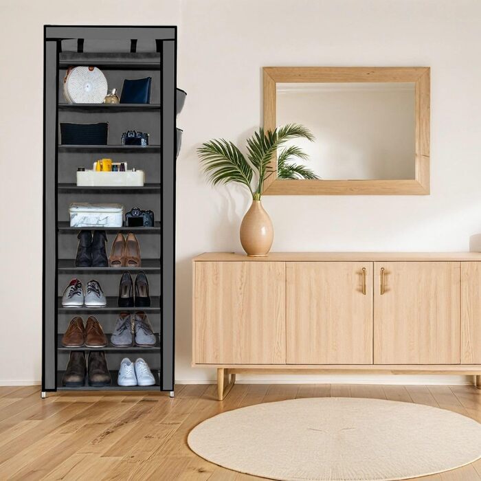 INTIRILIFE Folding Wardrobe 170x58x28 cm in - with Zipper Fabric Wardrobe Clothes Closet Shoe Shelf with 9 Storage Compartments - Camping Folding Cabinet Textile Wardrobe (Ash Grey)