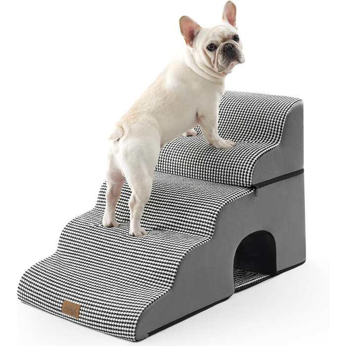 Dog stairs for small dogs, pet stairs for high beds made of high-density foam, dog stairs/ramp with washable cover (83x50x57cm-hole, 5.0) (Black and White)