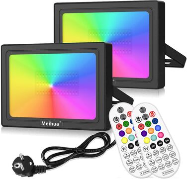 MEIHUA 60W RGB LED Spotlights 2 Pack with Remote Control, IP66 Waterproof Floodlight Outdoor 10 Colors 12 Modes Color Changing Dimmable Floodlight Indoor Outdoor with Timer and Memory Function for Garden Tree Landscape