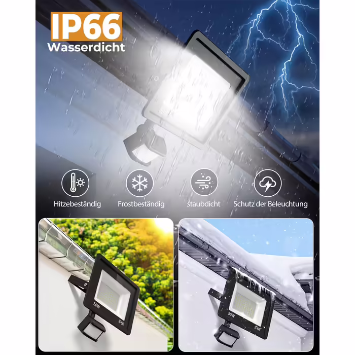 LED прожектор з датчиком руху для вулиці, 30 Вт, надяскравий, з пультом ДУ, IP66, 6500K холодне біле світло, для саду, гаража, двору, стіни, 2 шт. (теплий/нейтральний/холодний білий, 50 Вт - 1 шт.)