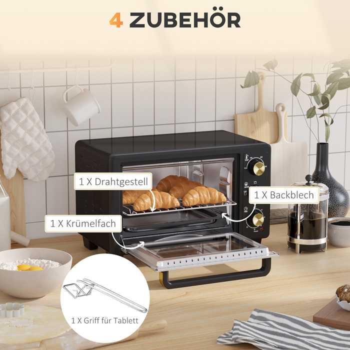 HOMCOM 16L Mini Oven 1400W Mini Oven 100-230℃ 60 Min. Timer, with Grill Rack and Baking Tray, Pizza Oven with Tray Handle, Crumb Tray Black | Aosom
