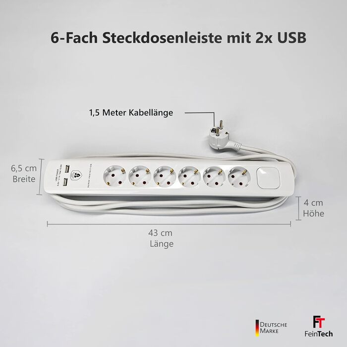 Стрічка розеток FeinTech MD000632 6-fach з USB, захистом від перенапруги, 3680 Вт, біла, 1.5 м