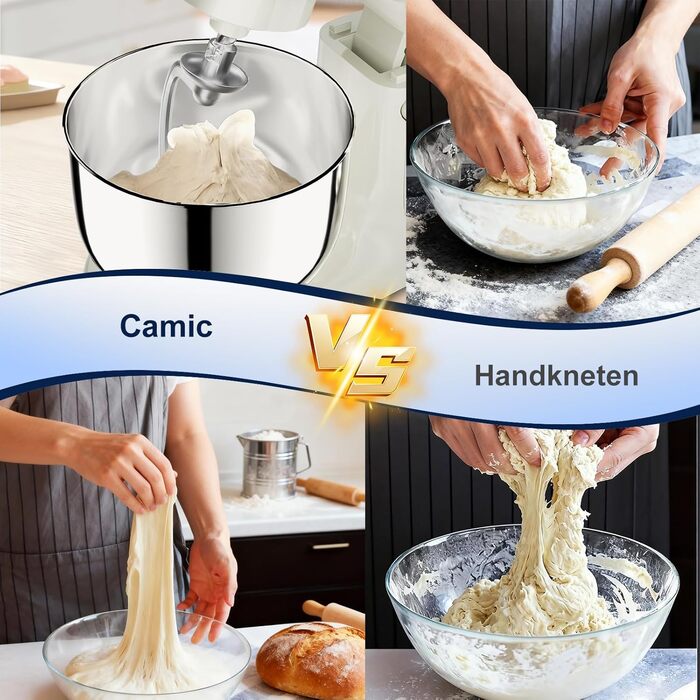 Кухонна машина Camic з 3 насадками (гак, міксер, вінчик), планетарний міксер з LED-дисплеєм, 10 швидкостей, 2 чашами з нержавіючої сталі 4Л та 5Л, для тіста, хліба, піци та тортів (Білий)