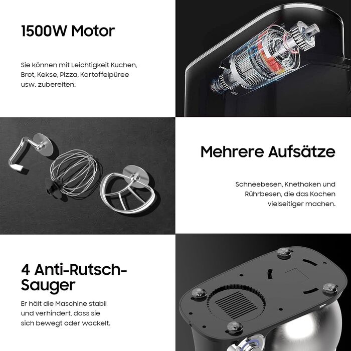 Кухонна машина з чашею 6л з нержавіючої сталі, міксер для тіста з Flexi-мішалкою, гаком для тіста та вінчиком, 6 швидкостей, 1500 Вт