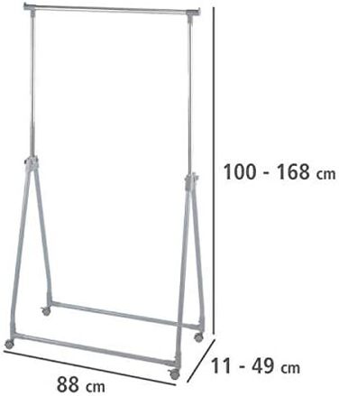 WENKO Clothes Rack Folding, Clothes Storage with Adjustable Clothes Rail and Wheels, Plastic/Metal, 88 x 100-168 x 11-49 cm, Chrome/Grey