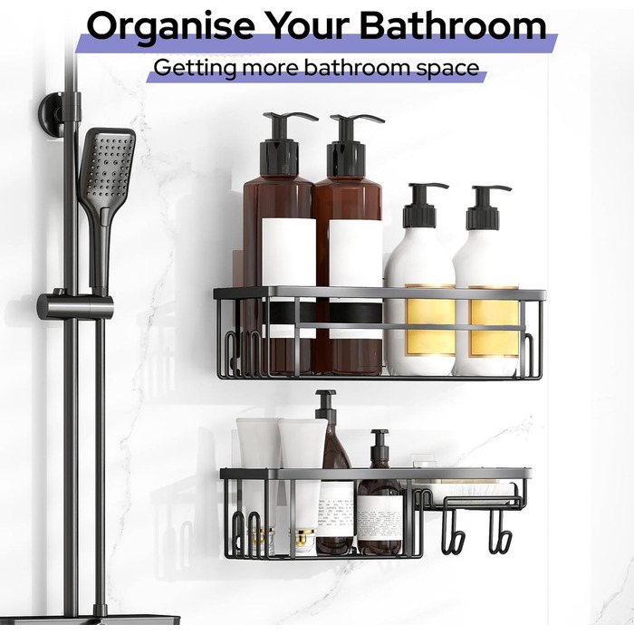 Дзеркальна поличка для душу Alyvisun з нержавіючої сталі (2 шт.) з мильницею та гачками - без свердління