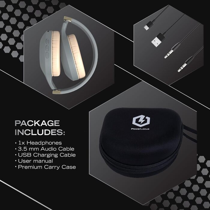 PowerLocus Bluetooth навушники Over-Ear, бездротові, складні, з мікрофоном, Hi-Fi стерео, глибокий бас, м'які амбушюри, для телефону, планшета, ПК - асфальтово-сірий