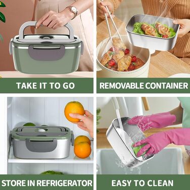 Electric Lunch Box 100W, 3-in-1 Portable Heated Lunch Box, Removable Stainless Steel Lunch Container, 12V/24V/220V Insulated Food Warmer for Car/Truck/Office, With Insulated Bag and Sponge (Green, 1.5 L)