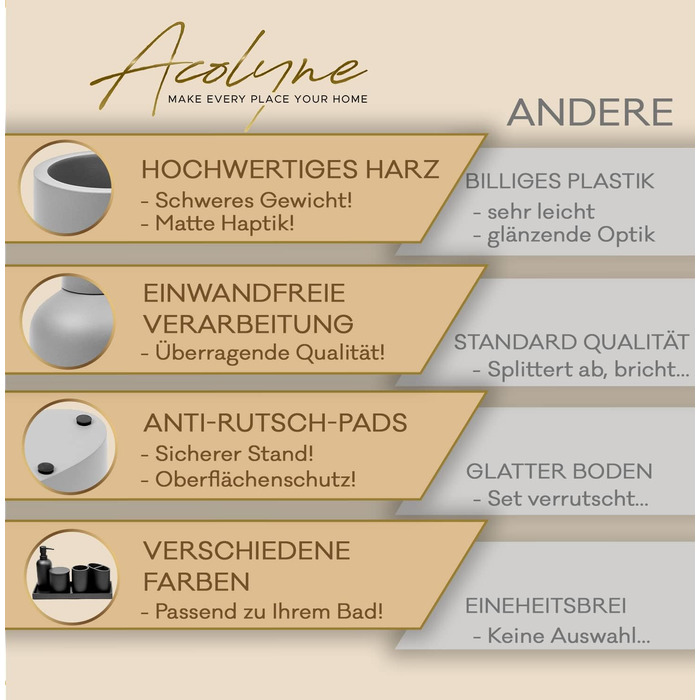 Набір аксесуарів для ванної кімнати Acolyne® Premium (5 шт.) з високоякісного гірського воску | Набір дозаторів для мила, органайзер для ванної кімнати, стакан для зубної пасти | Сірий колір