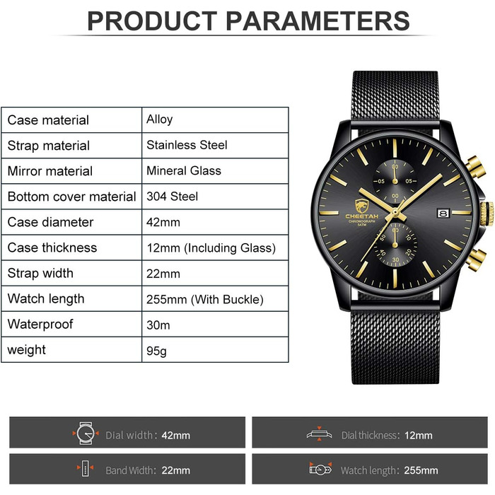 Чоловічий годинник на браслеті Mesh, кварцовий, з хронографом, водонепроникний, чорний, з автоматичною датою, нержавіюча сталь