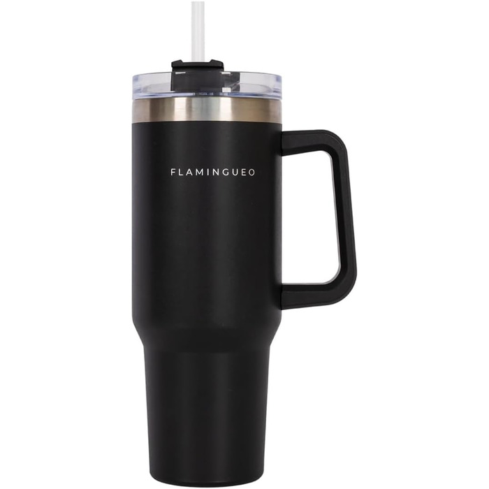 Термокружка з трубочкою Flamingueo - термос, сталева, 1,18л, блакитний (чорний), зберігає холод 24г, гаряче - 10г