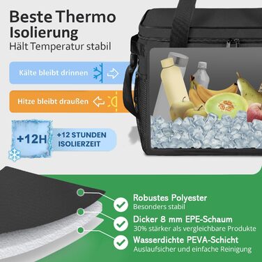 Складна сумка-холодильник 30L, водовідштовхувальна, +12 годин свіжості, міцна ізоляція, чорна