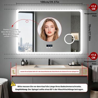 Дзеркало для ванної кімнати LUVODI з підсвічуванням 100x70 см: годинник, температура, дата, проти запотівання, регулювання яскравості, 3 кольори світла, функція пам'яті, LED, Bluetooth, збільшення 3x