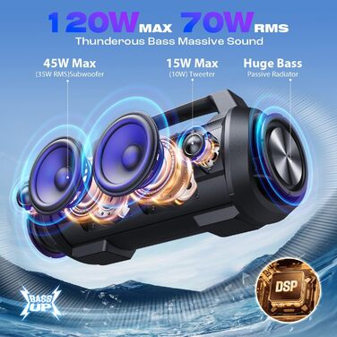 W-KING Bluetooth колонка 120W з басом 70W, портативна Party-Box IPX6, 42 год, BT 5.4, DSP, EQ, стерео, RGB, для кемпінгу, пляжу, саду, вечірок, чорна