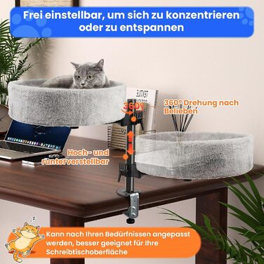 BSWAY Крісло-гніздо для кота на стіл - Покращена 360° обертання, регульована висота, без свердління. Підвищене котяче ліжко над столом. Тримає кошеня/кота близько, робочий простір вільний. Крісло-ліжко для кота на стіл (Сірий, XL)