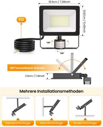 MEIKEE 60W LED Floodlight with Motion Sensor, 5900LM, 6500K Cool White, 3 Modes, 10 Brightness Levels, LED Floodlight with Sensor, IP66 Waterproof, Spotlight for Garden, Garage, Sports Field