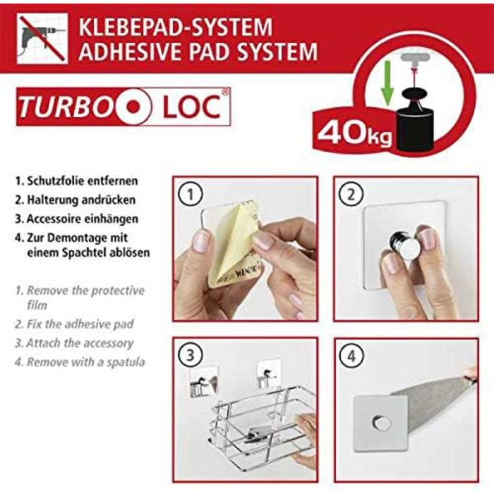 WENKO Turbo-Loc Stainless Steel Wall Shelf Quadro, Mounting Without Drilling, 24 x 10 x 14.5 cm, Chrome