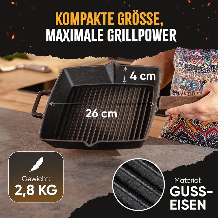 Чавунна гриль-сковорода емальована 26 см, з рифленим дном для стейків, підходить для всіх плит