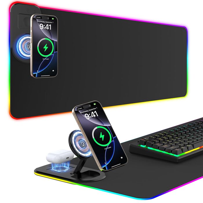 Ігровий RGB килимок для миші з бездротовою зарядкою Qi 15W, 800x350x4мм, 10 режимів підсвічування, швидка зарядка 10W для iPhone та навушників, водонепроникний, протиковзаючий (Чорний)