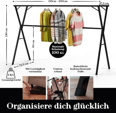 Clothes Rack/Laundry Rack + Bag Moritz [Extendable 1.30-2.0m, foldable, very Stable Stainless Steel] Clothes Rail, Coat Rack, Entrance Hall Coat Rack, Open Wardrobe (Black, with Hooks / without Bag)