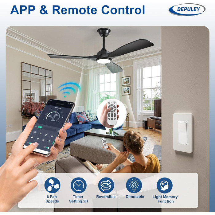 Стеляний вентилятор Depuley Leise з підсвічуванням для вулиці: LED лампа з вентилятором для саду, тераси - 132см, з пультом керування, для вітальні, ресторану, офісу (Чорний, 52'' з підсвічуванням)