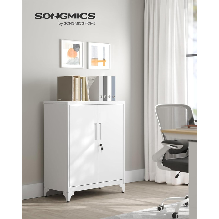 SONGMICS File Cabinet, Multi-Purpose Cabinet, Office Cabinet with 2 Doors, Lockable Cabinet, Steel Storage Cabinet, for Study Room, Living Room, Matte White OMC012W01 (80B cm, Matte White)
