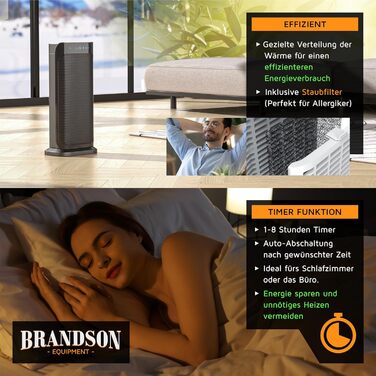 Обігрівач Brandson з пультом керування, енергозберігаючий, тихий, керамічний - для ванної кімнати, з функцією осциляції, 2 режими нагріву, таймер, висока безпека, чорний