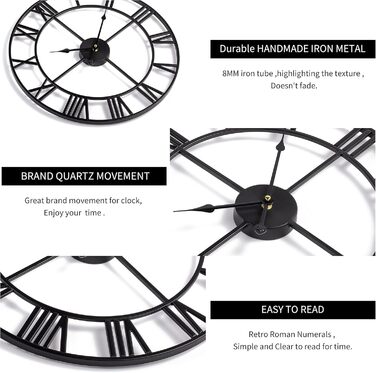 HAITANG Large Vintage Style Wall Clock, Black Round, Metal Silent Non-Ticking, Battery Powered, 40cm, 16 Inch Roman Numerals, Clocks for Living Room, Bedroom, Kitchen Wall Clock Decoration