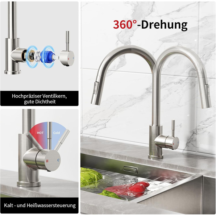 Кран кухонний Rainsworth з висувною лійкою та душем, 360° поворот, нержавіюча сталь, висота 56 см