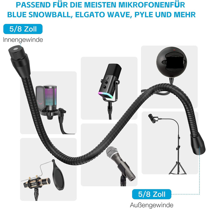 Кріплення для мікрофону Zealsound – регульований штатив-«лебідь» з кріпленням, адаптер 3/8' на 5/8', міцна клямка для столу, сумісний з Blue Snowball, Ice, Spark, SoloCast, 33 см (T19-19 см, лише кріплення)